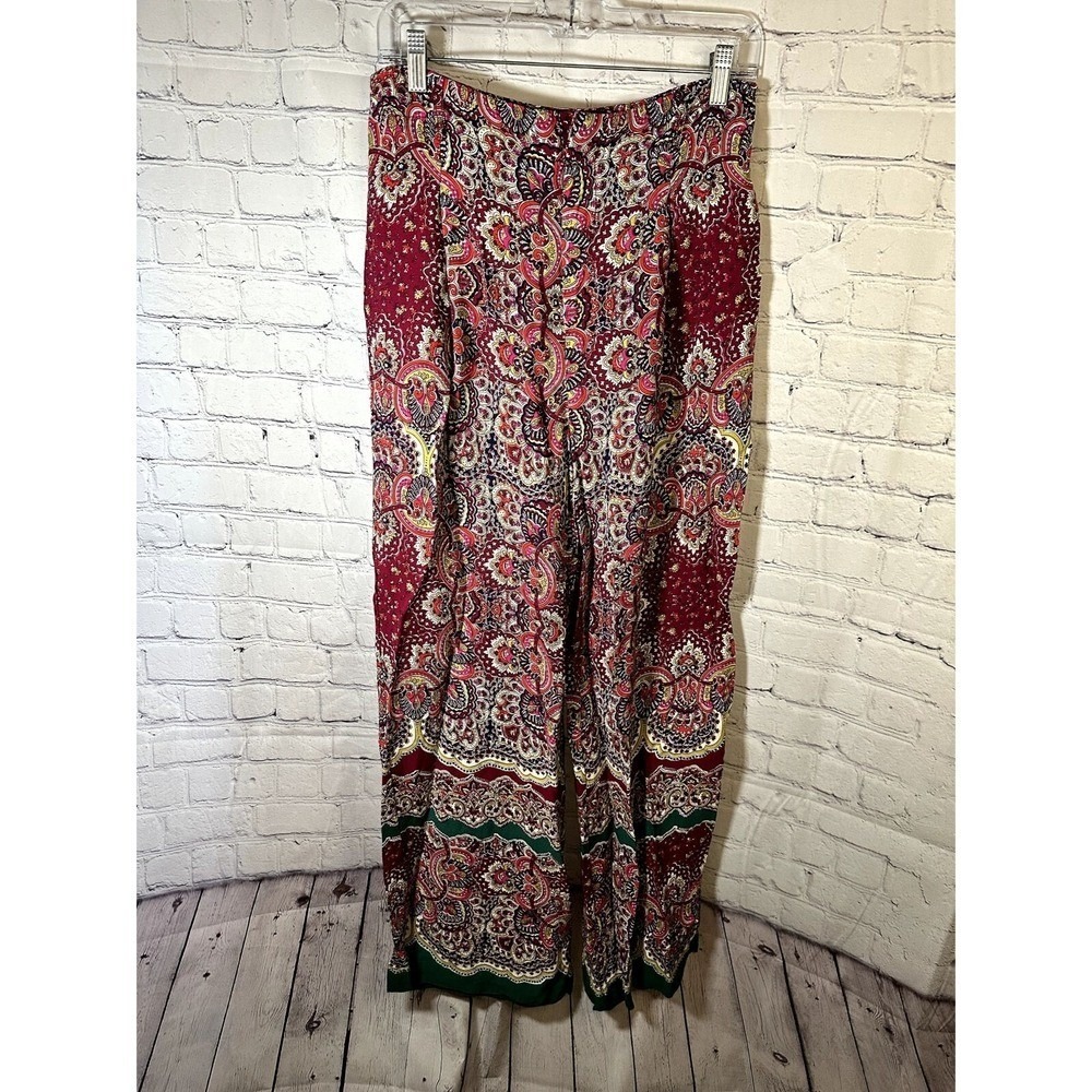 Ett Twa by Anthropologie Paisley Wide Leg Pants Burgundy Pink Boho Size 8